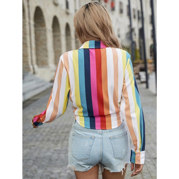 Colorful Rainbow Striped button up Knotted Crop top - Picture 2 of 7